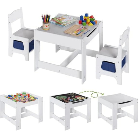 Kinder tafelset met 2 stoelen en omslaanbaar krijtbord, inclusief opbergruimte, van BukkitBow, ideaal voor creatieve speelactiviteiten.