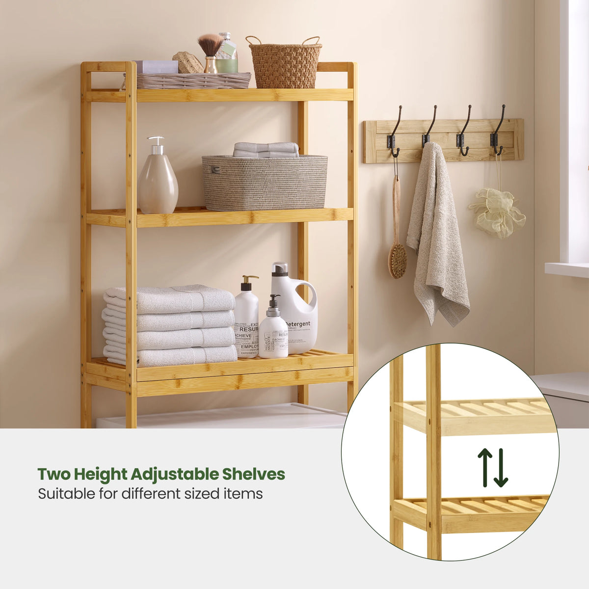 EUGAD Bamboo Bathroom Shelf Washing Machine Unit Over Toilet Shelf with 3 Adjustable Shelves Narrow Bathroom Cabinet for Bathroom Laundry Room