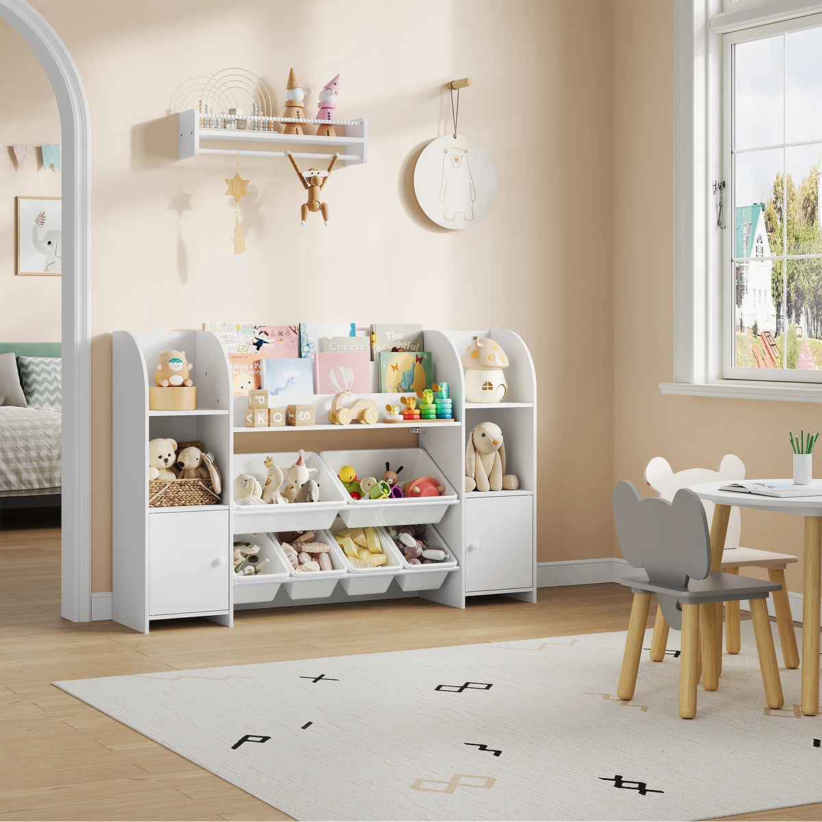 WOLTU Children's Bookcase Organizer Shelf with Open Compartments for Books and 2 Cabinets  6 Removable Plastic Containers with Doors for Children's Bedroom Living Room