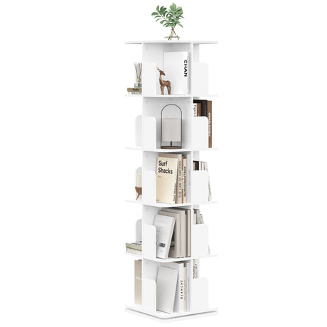 Draaibare boekenkast van BukkitBow met 5 niveaus en 20 open vakken, afmetingen 40x40x155 cm, in zwart kunststof.