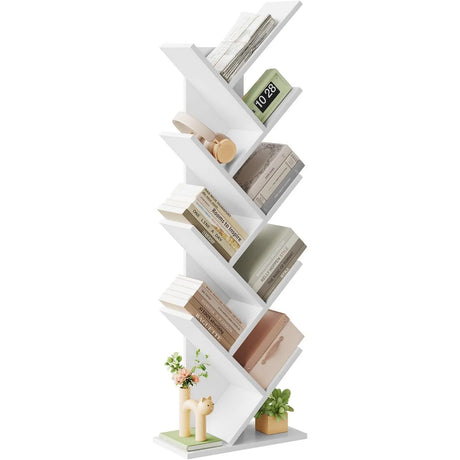 Boomvormige boekenkast van BukkitBow met 9 planken, afmetingen 40x20x127 cm, houten display met meerdere opbergvakken