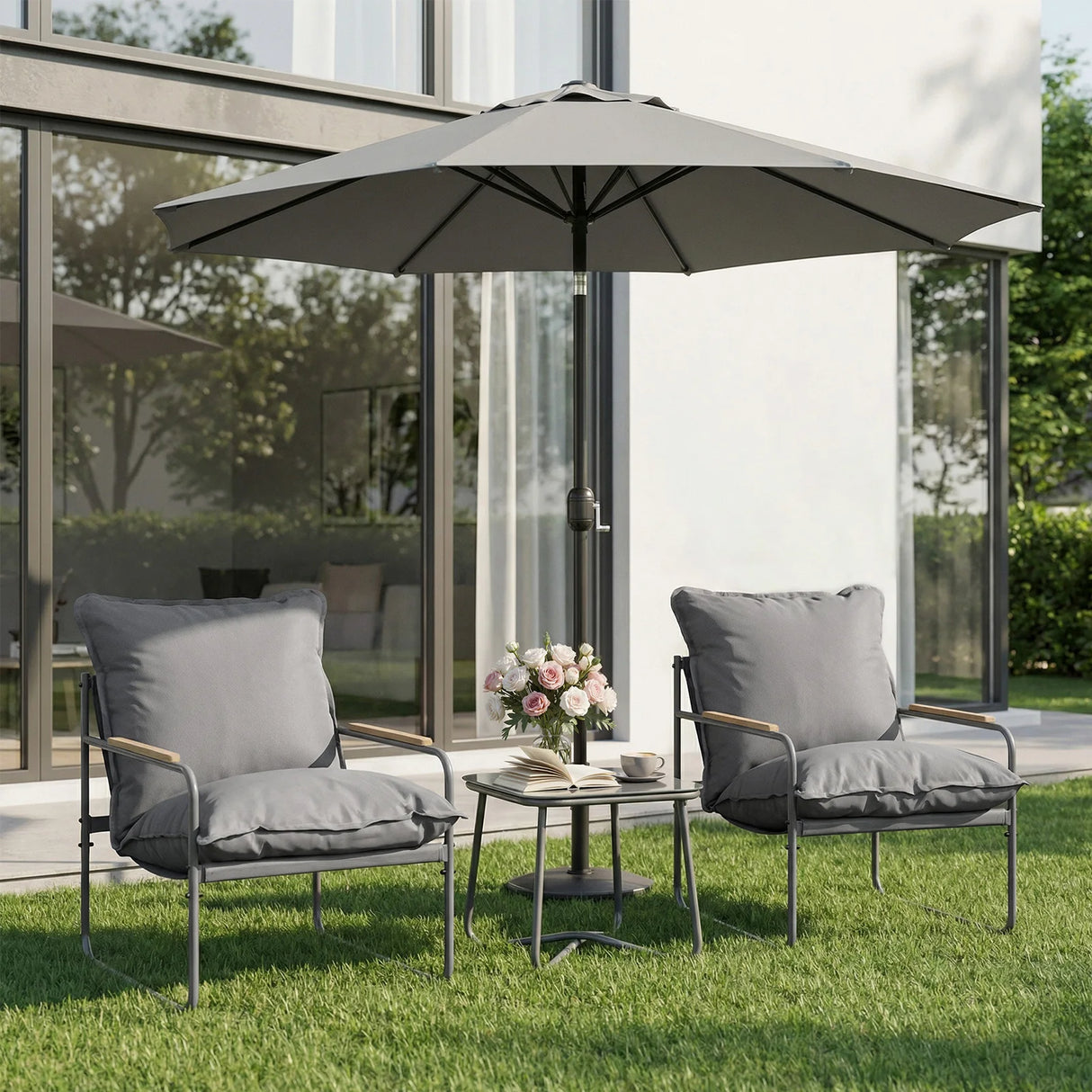 Moderne BukkitBow balkonset met glazen tafel en 2 bijpassende stoelen, perfect voor comfortabel buitenleven op het balkon.