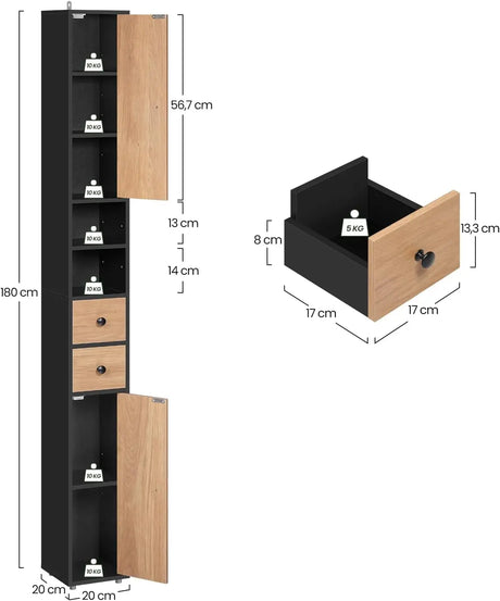 Smalle badkamerkast van BukkitBow met 2 laden en verstelbare planken, afmetingen 20x20x180 cm, geschikt voor compacte badkamers.