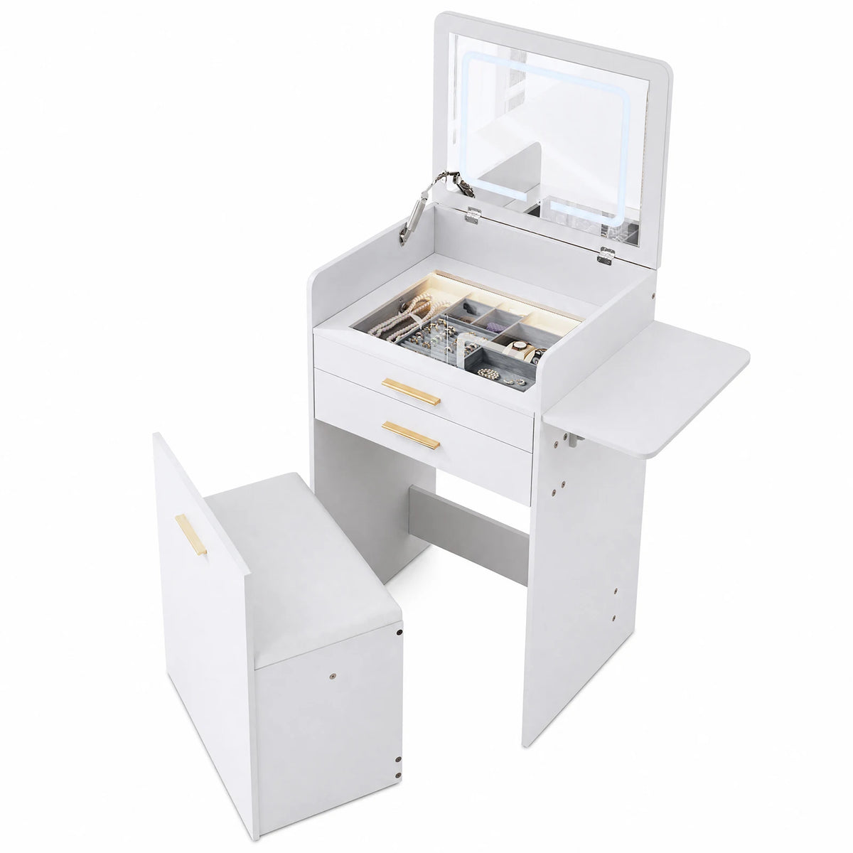 Kaptafel met ledspiegel – Opklapbaar – Met opbergkruk – Wit