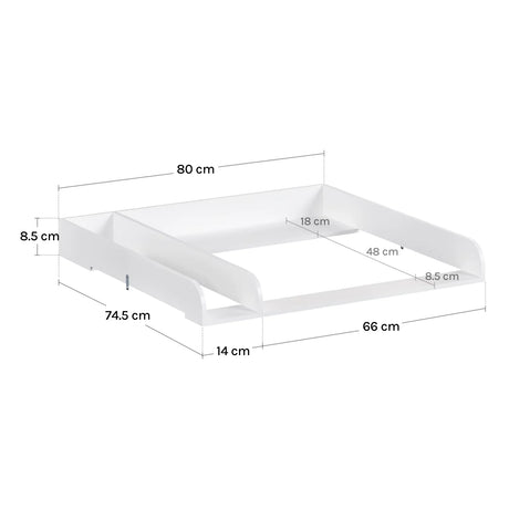 Wit aankleedopzetstuk voor commode van BukkitBow, 80 cm met vakverdeler, geschikt voor babyverzorging.