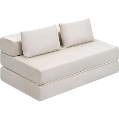 Beige ribstof opvouwbare 2-zits slaapbank van BukkitBow, 140 cm breed, compact en geschikt voor slaap en ontspanning.