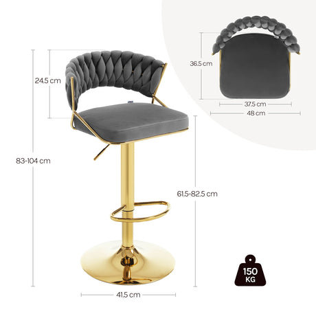 Luxe velvet barstoel van BukkitBow met gevlochten rugleuning, set van 2, modern en elegant voor in de bar of keuken.