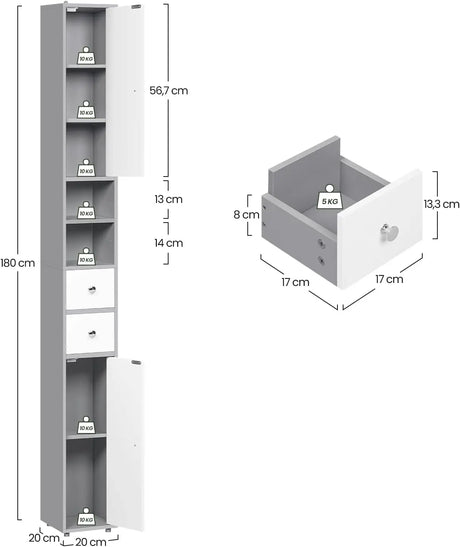 Smalle badkamerkast van BukkitBow, 20x20x180 cm met 2 lades en verstelbare planken, geschikt voor compacte badkamers.