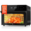 Zwarte airfryer oven met bedieningspaneel en kijkvenster, afgebeeld met kip en friet