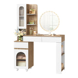 Kaptafel in wit en eikenlook met ronde spiegel, drie lades, kastdeuren en open planken op witte achtergrond