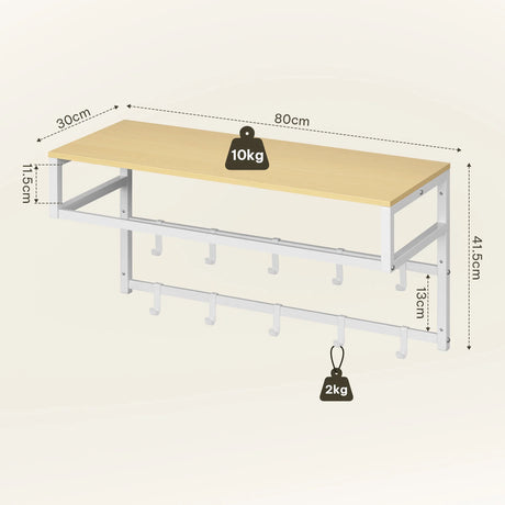 BukkitBow muurkapstok met 10 haakjes, handdoekrek en plank, voor badkamer, keuken of thuis, afmetingen 80x30x41cm