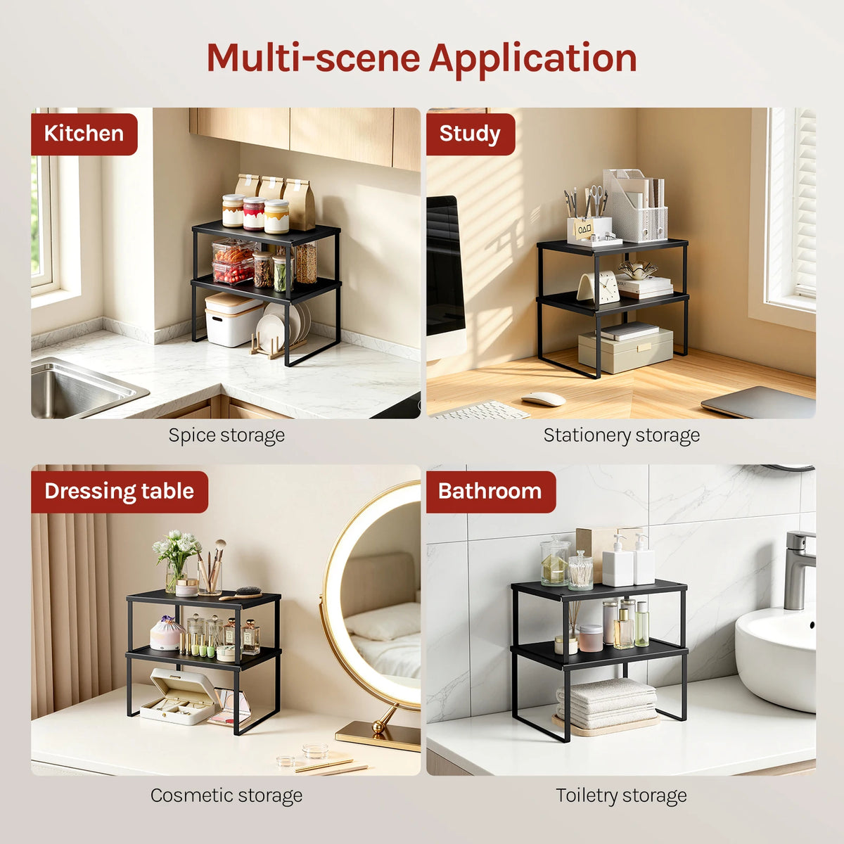 WOLTU 2PCS/Set Extendable Spice Rack Stackable Adjustable Kitchen Organizer for Utensils Countertop Metal Storage Rack for Fridge Household