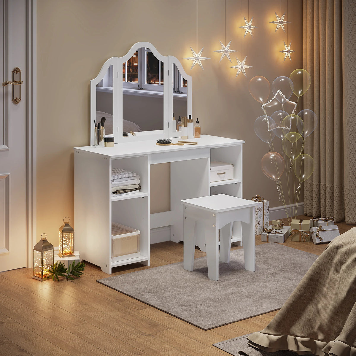 WOLTU Children's Dressing Table with Stool Mirror Wooden Small Dressing Table with Adjustable Shelves Girls Cosmetic Table White