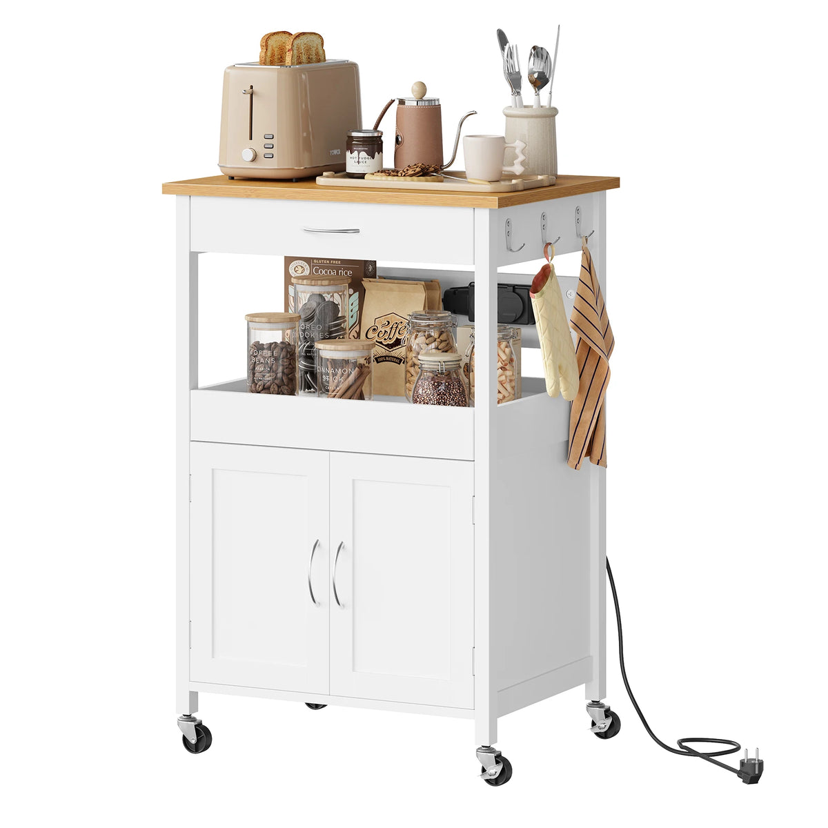 WOLTU Kitchen Trolley with Sockets Kitchen Island with Worktop and 2 Doors Sideboard on Rollers for Dining Room Kitchen Carts 60x92x45cm