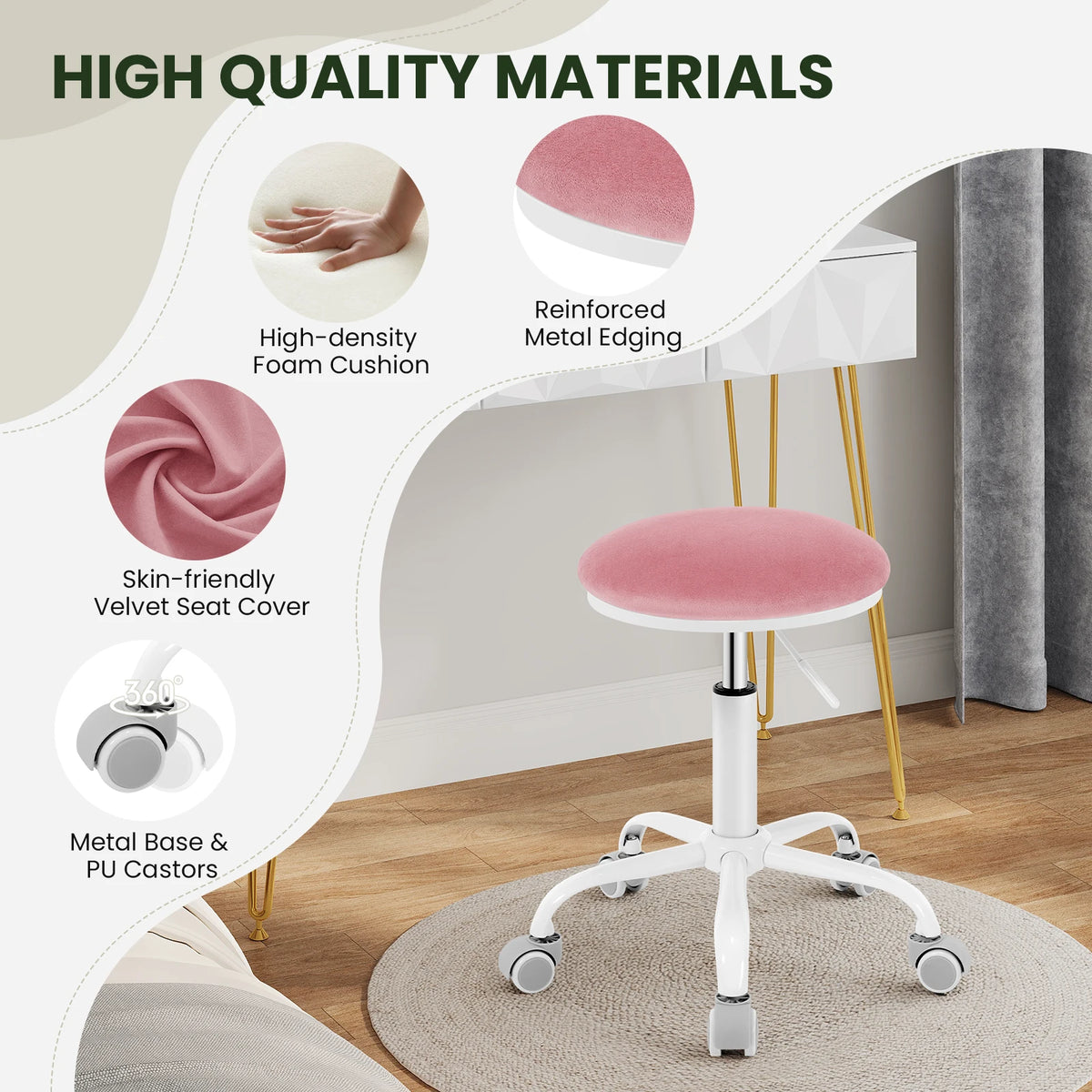 Eugad 360° Swivel Adjustable Height Office Makeup Chair with Wheels 45-57.5cm Upholstered Round Bar Stool Multipurpose Space Saving
