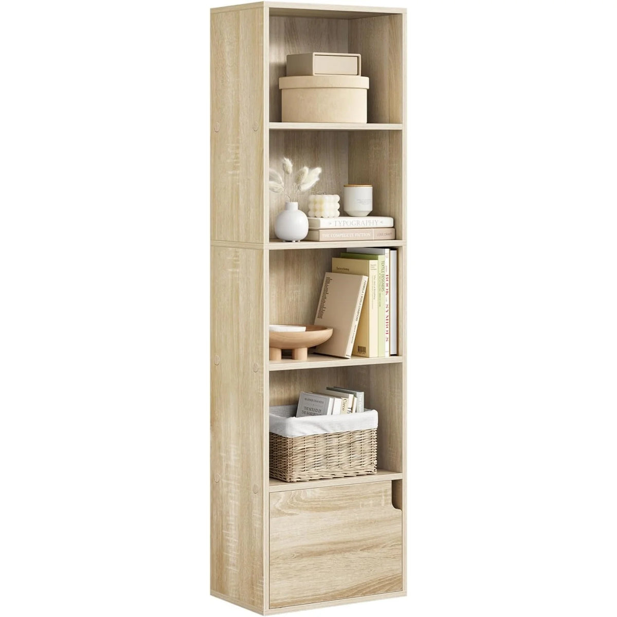 Bookcase Narrow Standing Shelf with 5 Compartments Door Wooden Shelf for Living Room Office Bedroom 34 X 24 X 132 cm