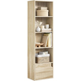 Bookcase Narrow Standing Shelf with 5 Compartments Door Wooden Shelf for Living Room Office Bedroom 34 X 24 X 132 cm