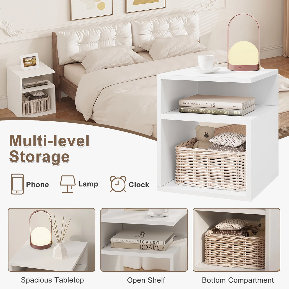 EUGAD 2PCS/SET White Bedside Tables Nightstand with 2 Open Compartments Space-Saving for Bedroom Living Room