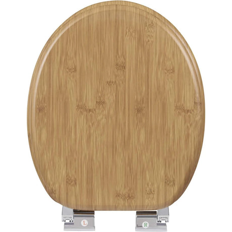 Toiletbril met softclose van BukkitBow, O-vorm, houtlook en verstelbare scharnieren, zacht sluitend en stijlvol design.