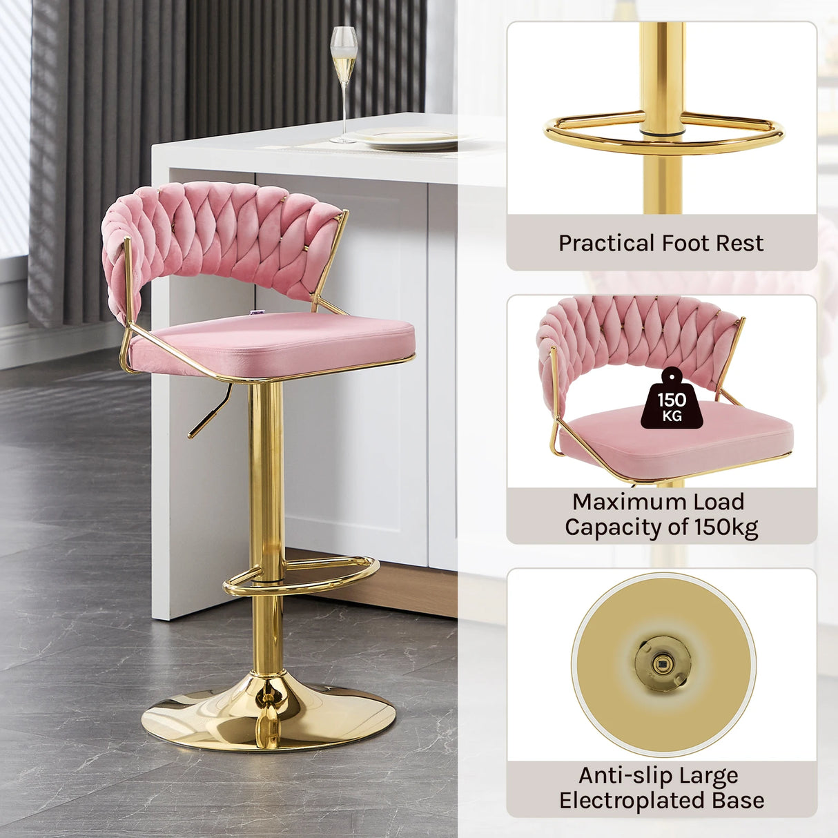 Luxe velvet barstoel van BukkitBow met gevlochten rugleuning, set van 2, elegante en comfortabele zitgelegenheid