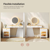 WOLTU Makeup Vanity Table with Round Mirror and LED Light Dressing Table with 3 Drawers 1 Cabinet Mountable on Left or Right for Bedroom