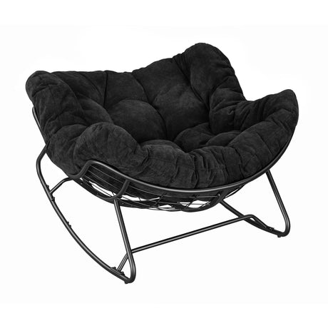 Eivormige schommelstoel van BukkitBow met kussen en metalen frame, geschikt tot 150 kg, comfortabel en modern design.
