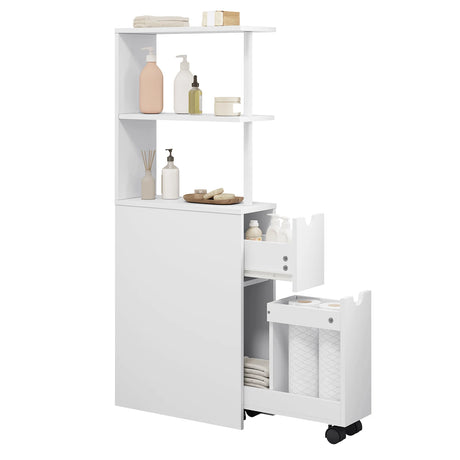 Smalle badkamerkast van BukkitBow, 19 cm breed, met lade op wielen, in wit of grijs, geschikt voor compacte badkamers.
