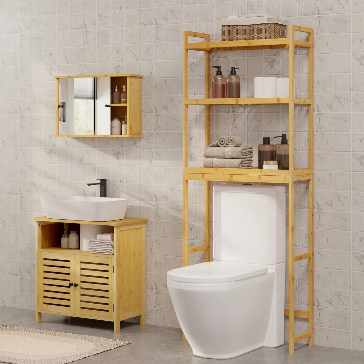 EUGAD Bamboo Bathroom Shelf Washing Machine Unit Over Toilet Shelf with 3 Adjustable Shelves Narrow Bathroom Cabinet for Bathroom Laundry Room