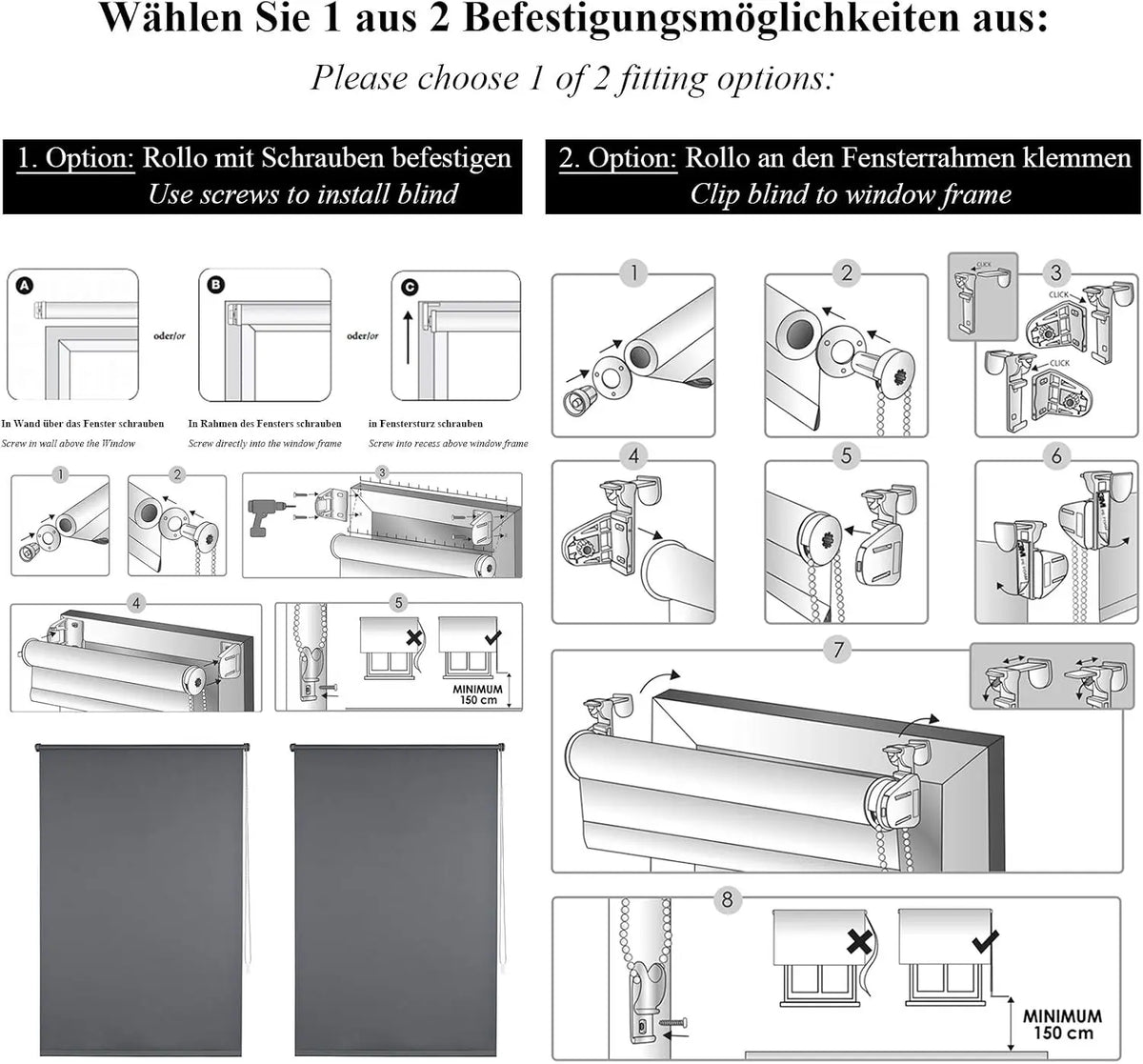 EUGAD Blackout Roller Blind with Accessories and Coating No Drilling Sun Privacy Protection for Windows and Doors