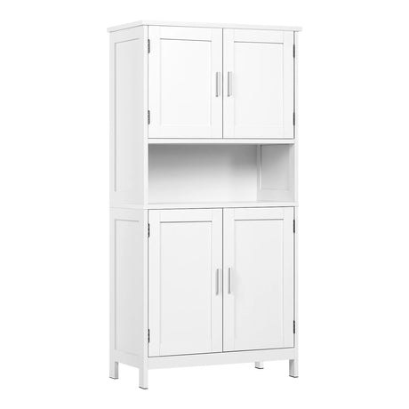 Witte badkamerkast van BukkitBow met open vak en verstelbare planken, afmetingen 60x30x120 cm, geschikt voor badkameropslag.