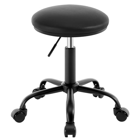 Verstelbare kruk op wielen met ronde zitting en 360° draaibaar, van BukkitBow, in hoogte verstelbaar.