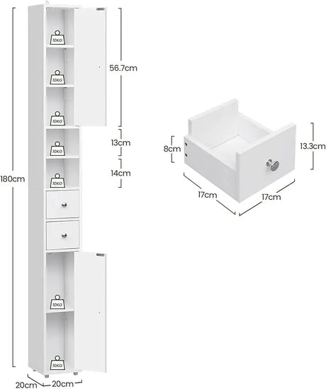 Smalle badkamerkast van BukkitBow, 20x20x180 cm, met 2 lades en verstelbare planken voor opbergruimte in de badkamer.