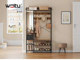 WOLTU Open Wardrobe with Shoe Rack and 2 Drawers Metal Frame Freestanding Coat Rack with Mirror 9 Hooks for Bedroom Hallway 100×30×180cm