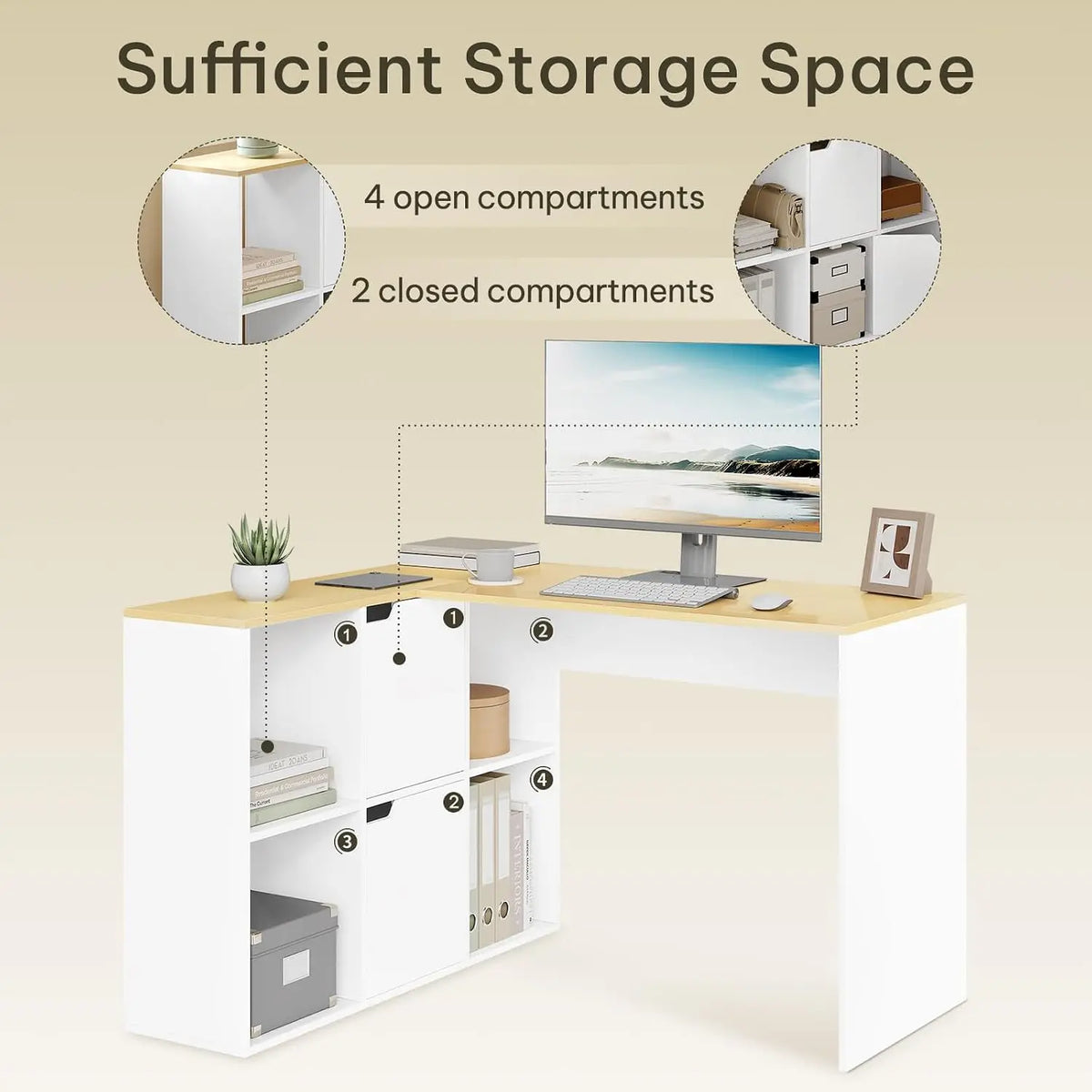 EUGAD L-Shape Computer Office Desk with Shelves Bookcase 118x100x75cm Corner Work Study Writing Table