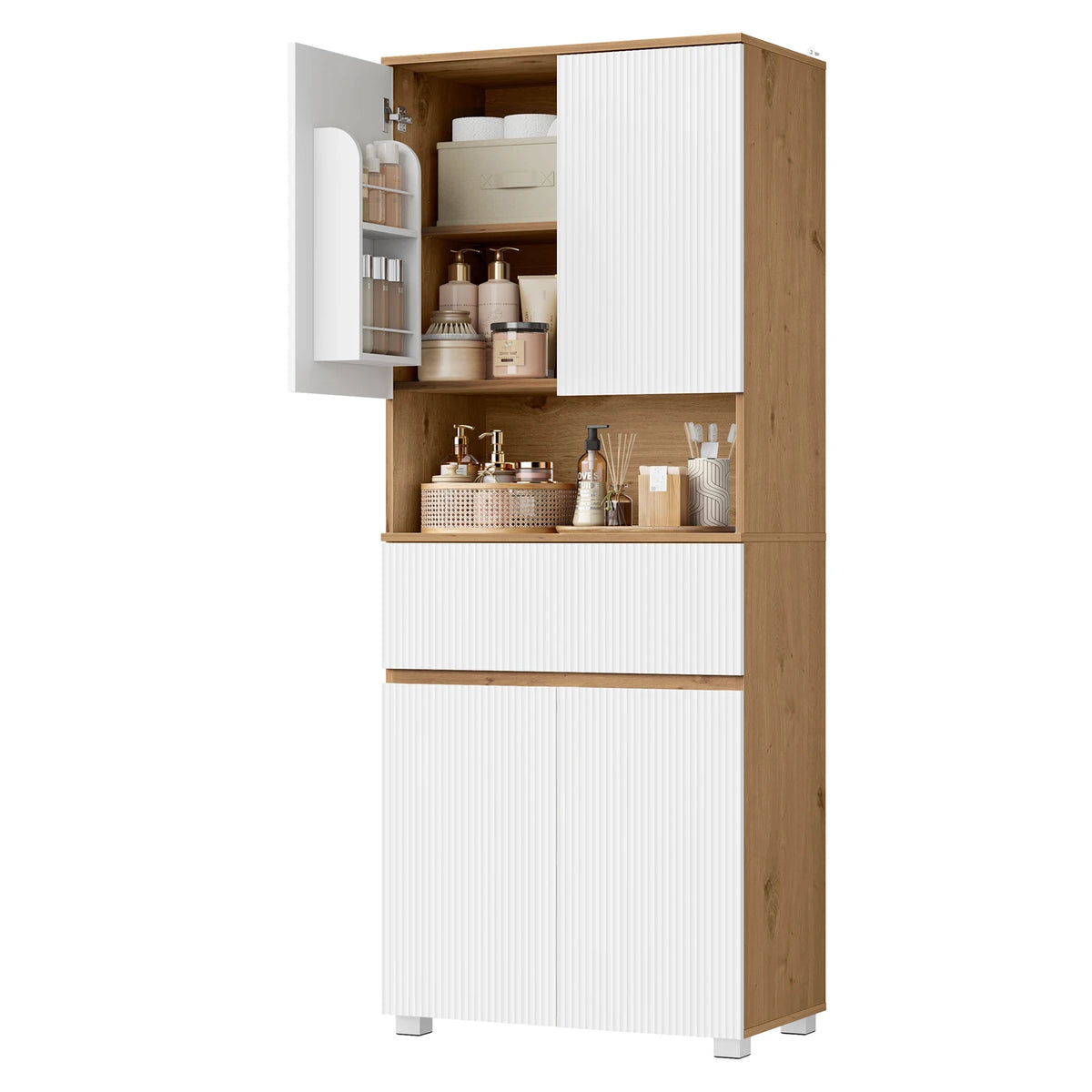 EUGAD Tall Bathroom Cabinet with Adjustable Shelves 4 Doors 1 Drawer and 1 Open Compartment for Bathroom Living Room Kitchen 70x40x176cm