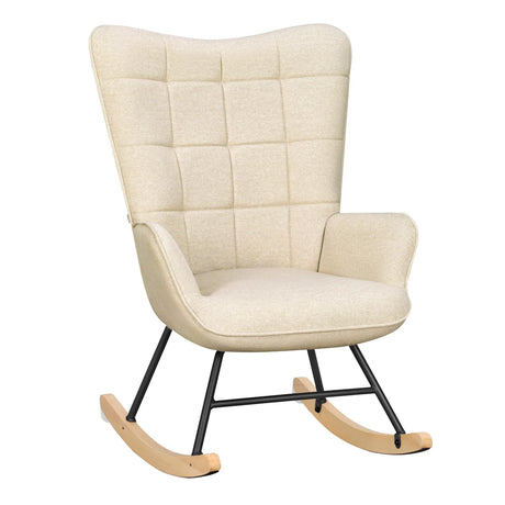 Velvet schommelstoel in Scandinavische stijl van BukkitBow, ergonomisch ontwerp met zachte bekleding en houten armleuningen.