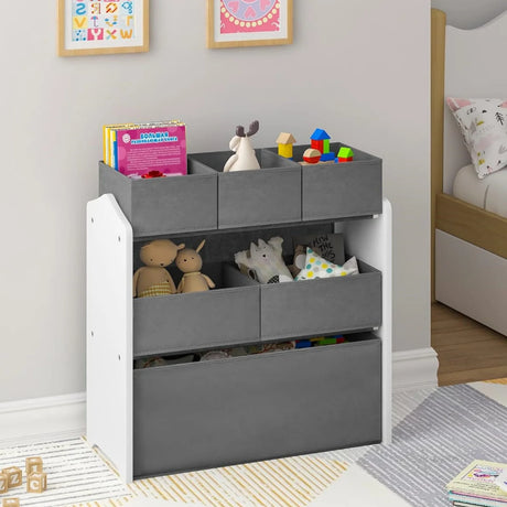 BukkitBow speelgoedkast met 6 uitneembare bakken en 3 niveaus, afmetingen 63x30x60 cm, geschikt voor kinderkamer.