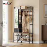 WOLTU Open Wardrobe with Shoe Rack and 2 Drawers Metal Frame Freestanding Coat Rack with Mirror 9 Hooks for Bedroom Hallway 100×30×180cm