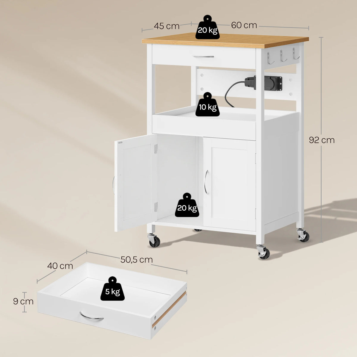 WOLTU Kitchen Trolley with Sockets Kitchen Island with Worktop and 2 Doors Sideboard on Rollers for Dining Room Kitchen Carts 60x92x45cm