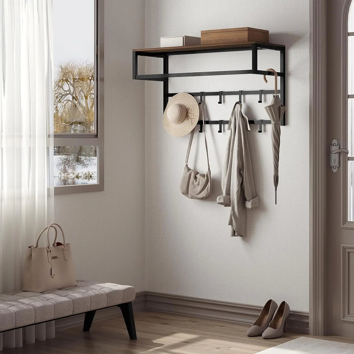Coat Rack Wall Mounted Towel Rack with Shelf Clothes Rail with 10 Hooks for Bathroom Kitchen Home Storage Organizer 80x30x41cm