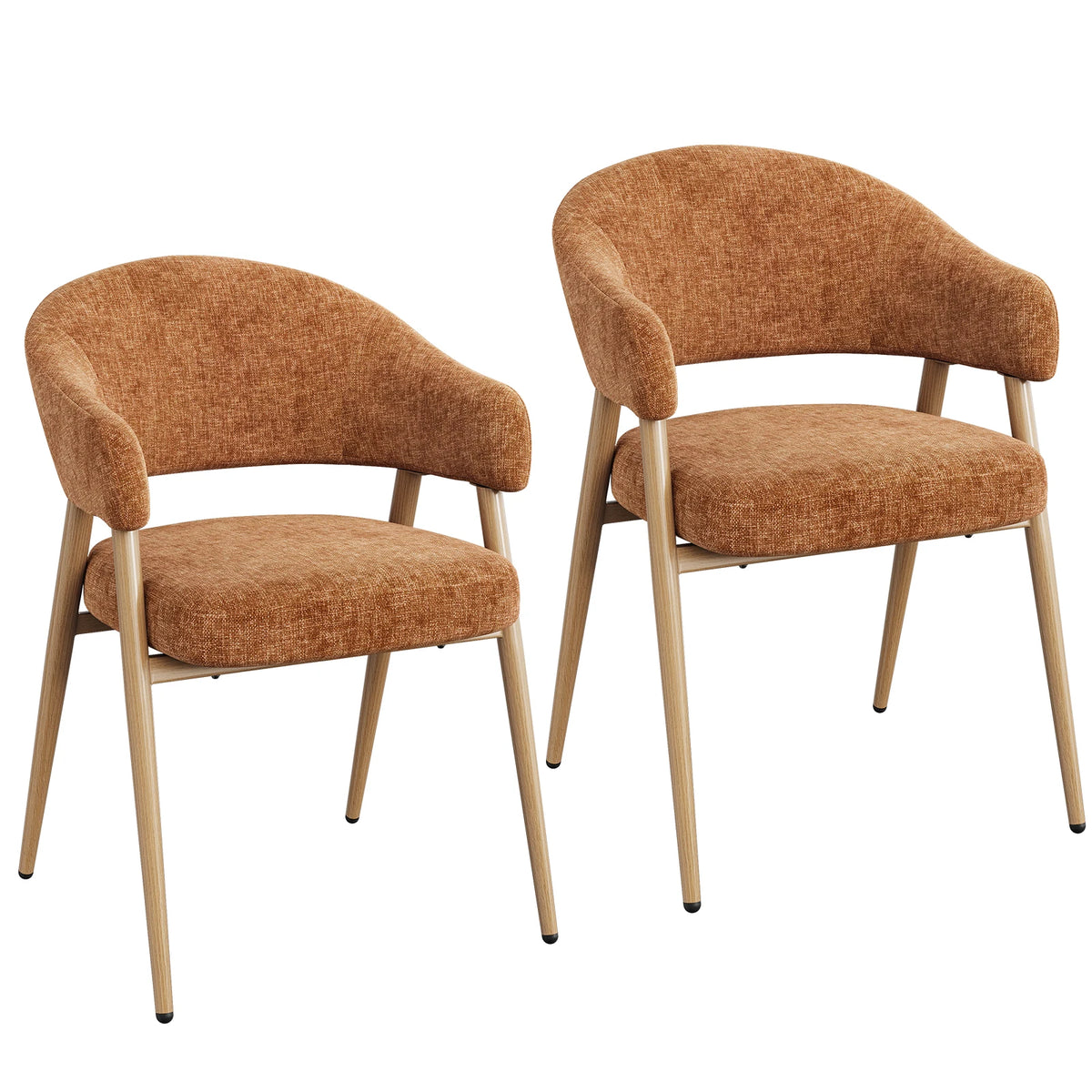 Twee bruine chenille eetkamerstoelen met gebogen rugleuning en slanke poten in houtlook