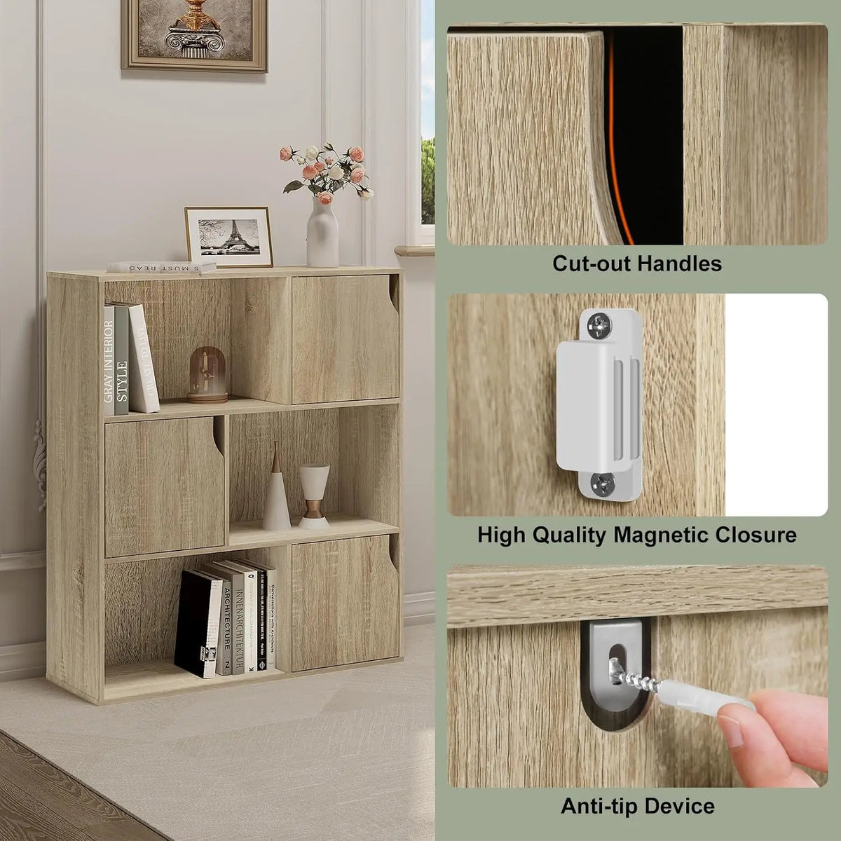 White/Light Oak Bookcase Bookshelf Standing Shelf with 6 Cubes Storage Organizer for Room Divider Office Study Living Room