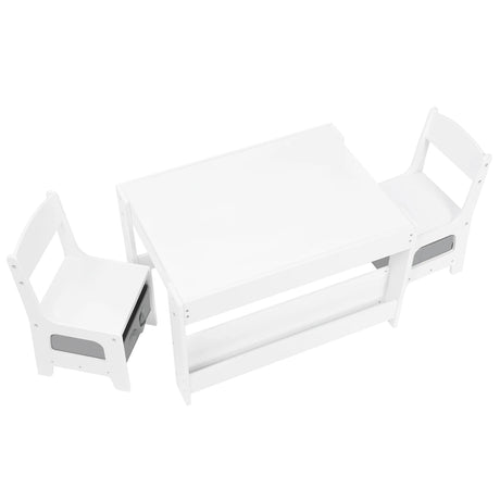 Witte kindertafel met 2 stoelen en omkeerbaar krijtbord, opbergruimte, door BukkitBow, geschikt voor kinderen.