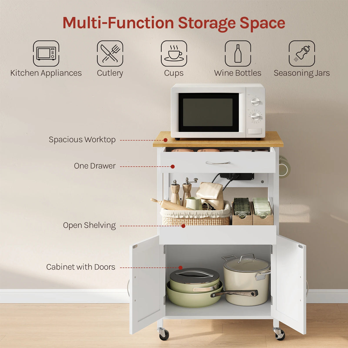 WOLTU Kitchen Trolley with Sockets Kitchen Island with Worktop and 2 Doors Sideboard on Rollers for Dining Room Kitchen Carts 60x92x45cm