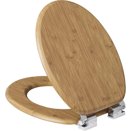 Toiletbril BukkitBow met softclose, O-vorm, houtlook en verstelbare scharnieren voor comfortabel gebruik.