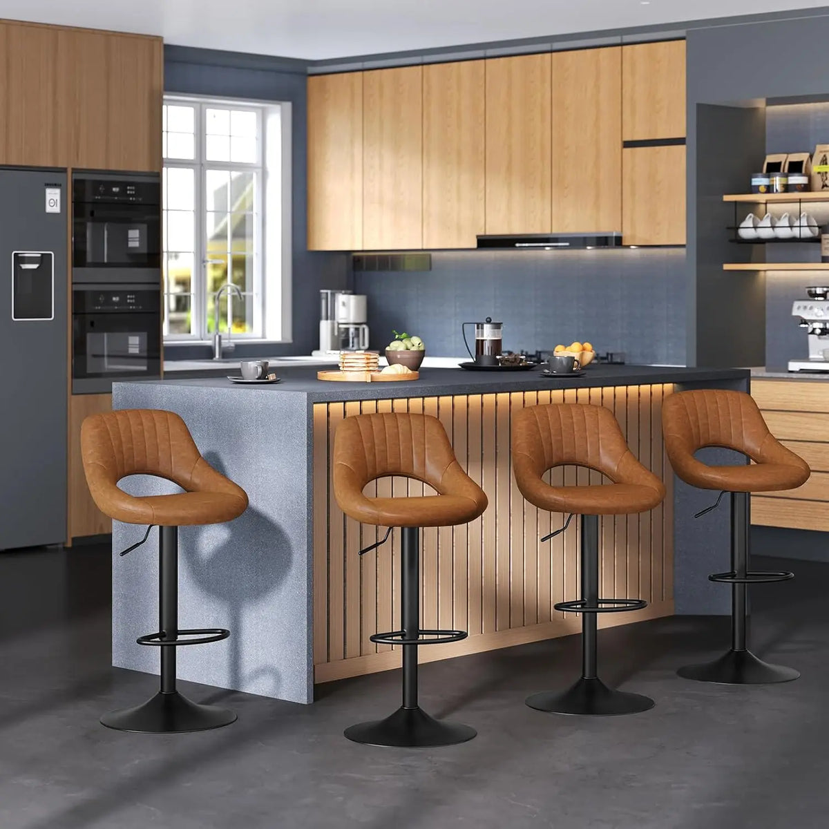 Eugad 2PCs/SET Height-Adjustable Faux Leather Bar Stools with Backrest 360° Rotatable Swivel Lifting Kitchen Bistro Stool Home Decor