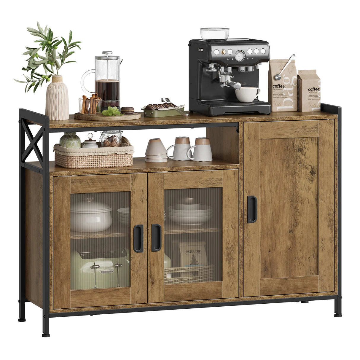 Industrieel BukkitBow dressoir met verstelbare planken, keukenkast met strak design en houten afwerking.