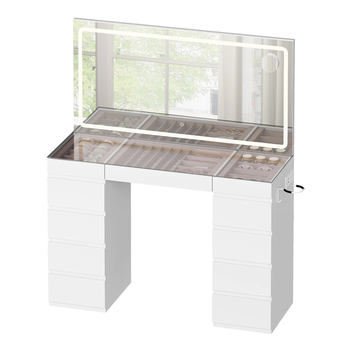 Witte kaptafel met verlichte spiegel, glazen blad en lades aan beide zijden