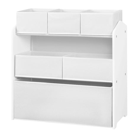 Witte speelgoedkast van BukkitBow met 6 uitneembare bakken en 3 niveaus, geschikt voor kinderkamers en speelruimtes.