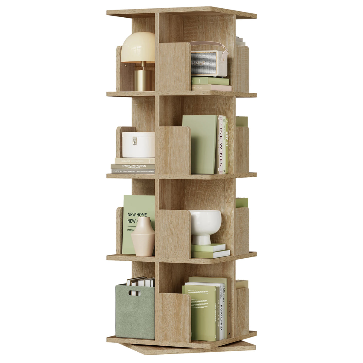 BukkitBow roterende boekenkast met 4 niveaus, draaibaar 360 graden, modern design voor boeken en decoratie.